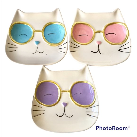 Ceramic Cat Trinket Dish Jewelry Tray Soap Dish Pink Blue Purple Cream Kitty - Picture 2 of 15